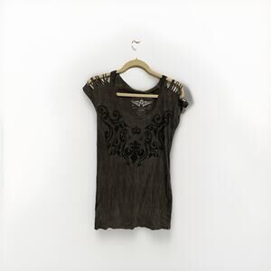 Affliction Women's Short Sleeve Scoop Bedazzled Shirt MEDIUM